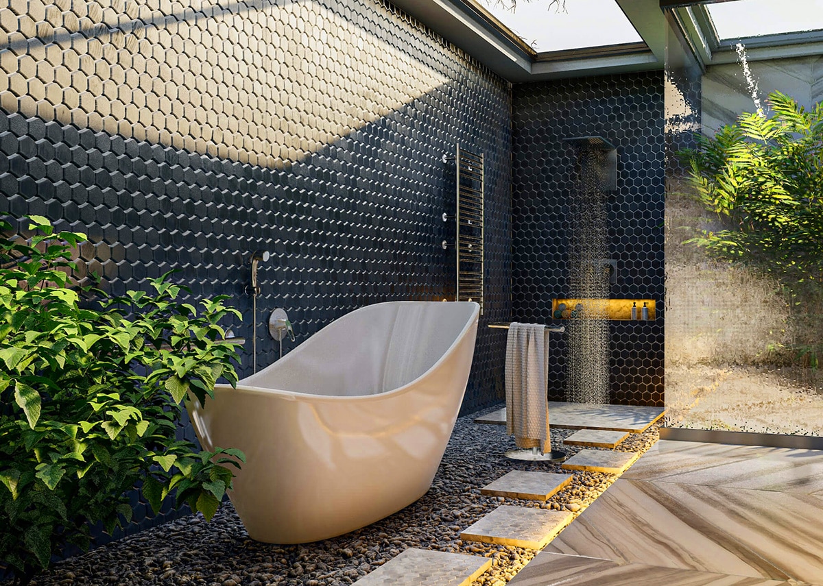 Open air Bathroom with standalone bathtub