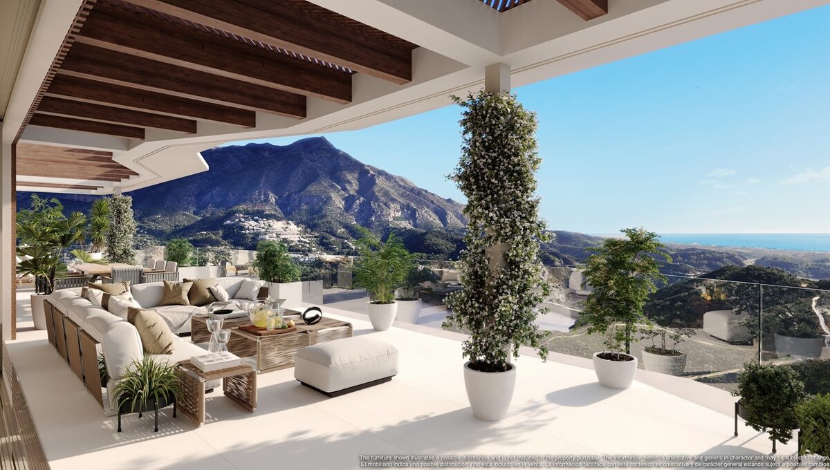 Covered terrace with mountain views at Mimosas
